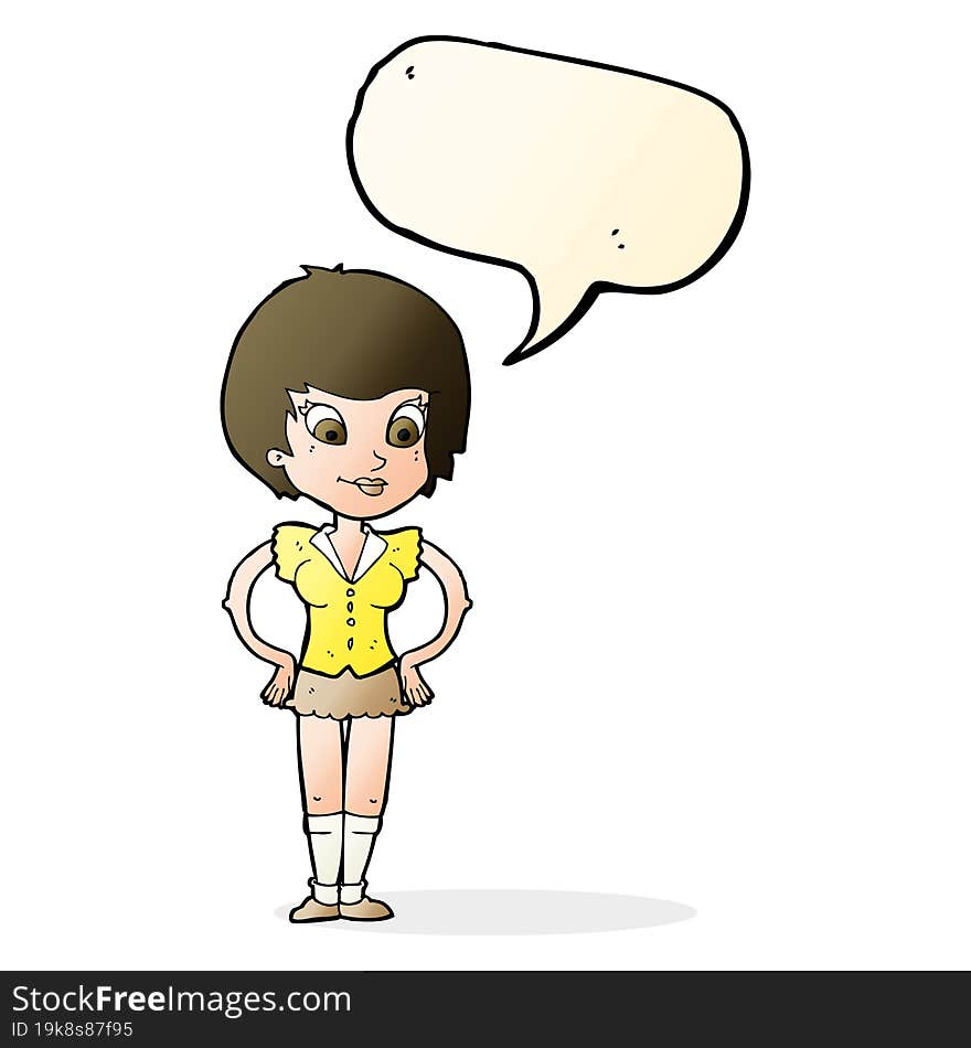 cartoon pretty woman with hands on hips with speech bubble