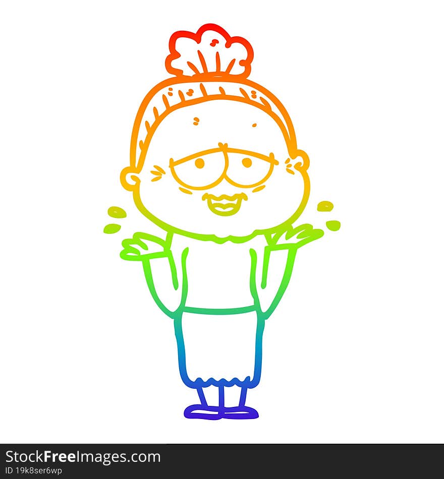 rainbow gradient line drawing of a cartoon happy old lady