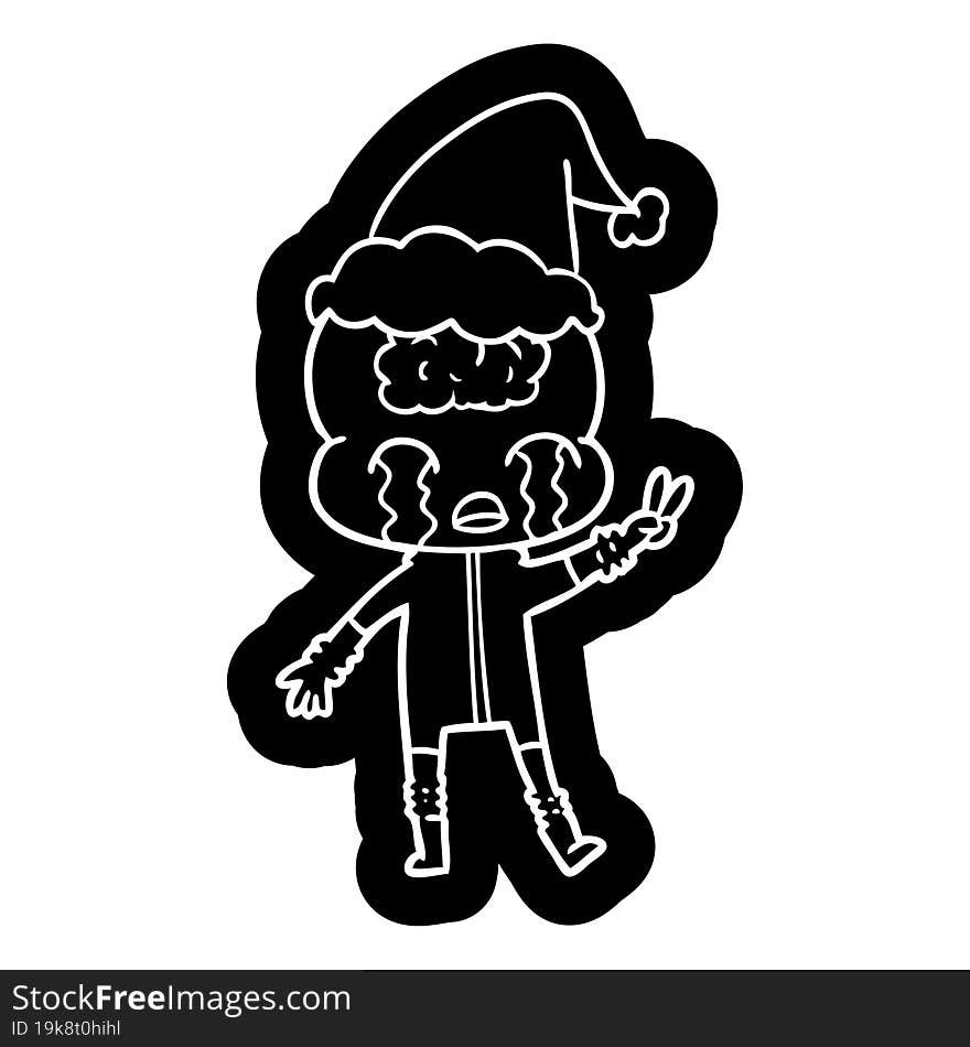 cartoon icon of a big brain alien crying and giving peace sign wearing santa hat