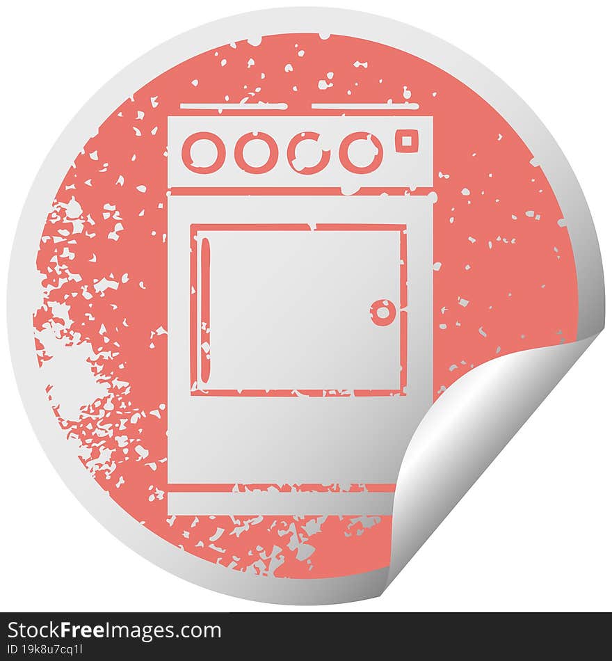 distressed circular peeling sticker symbol of a oven and cooker