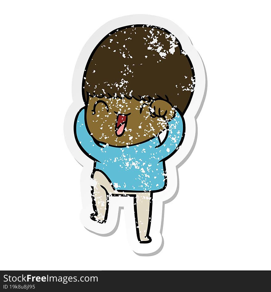 distressed sticker of a happy cartoon boy