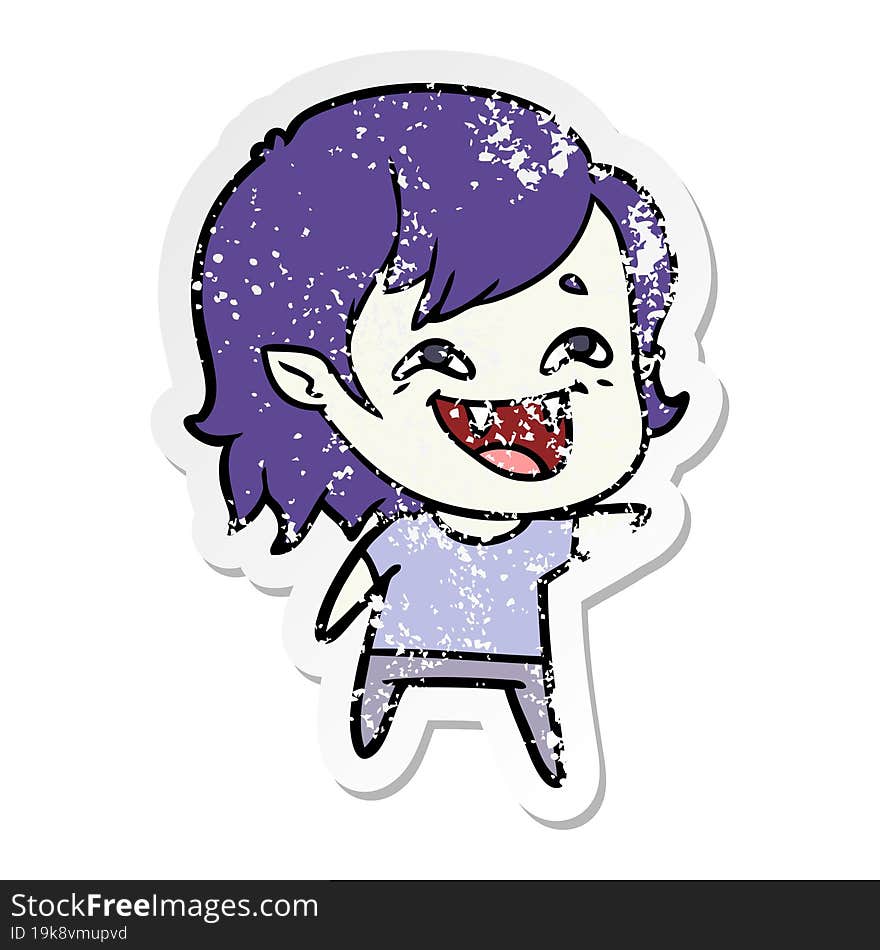 distressed sticker of a cartoon laughing vampire girl