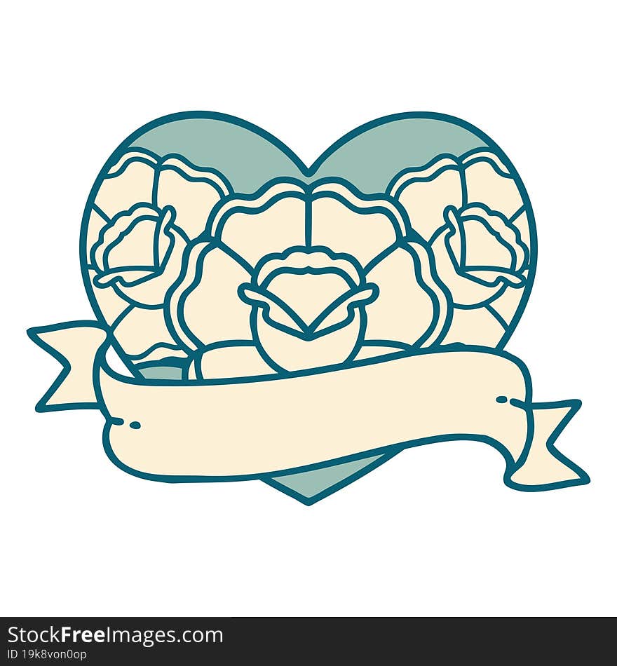 Tattoo Style Icon Of A Heart And Banner With Flowers