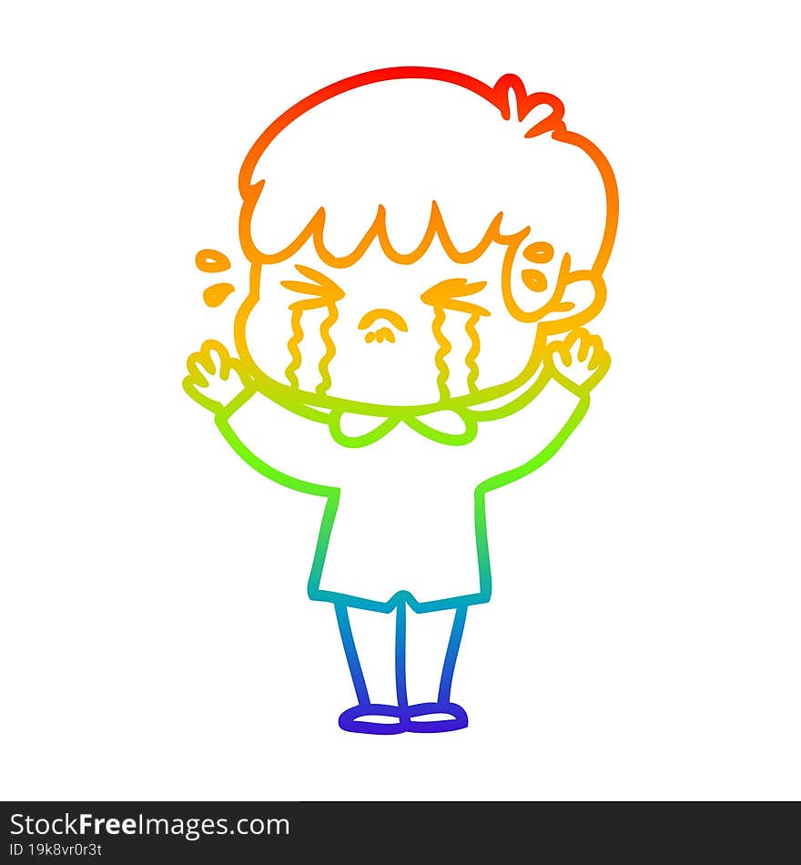 rainbow gradient line drawing of a cartoon boy crying