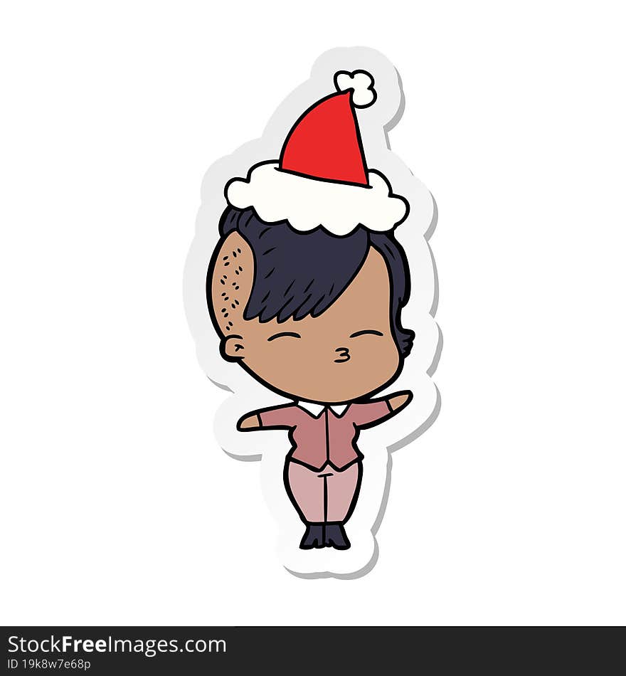 sticker cartoon of a squinting girl wearing santa hat