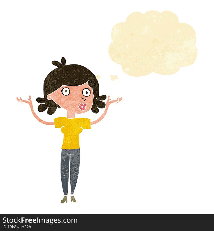 cartoon woman throwing arms in air with thought bubble