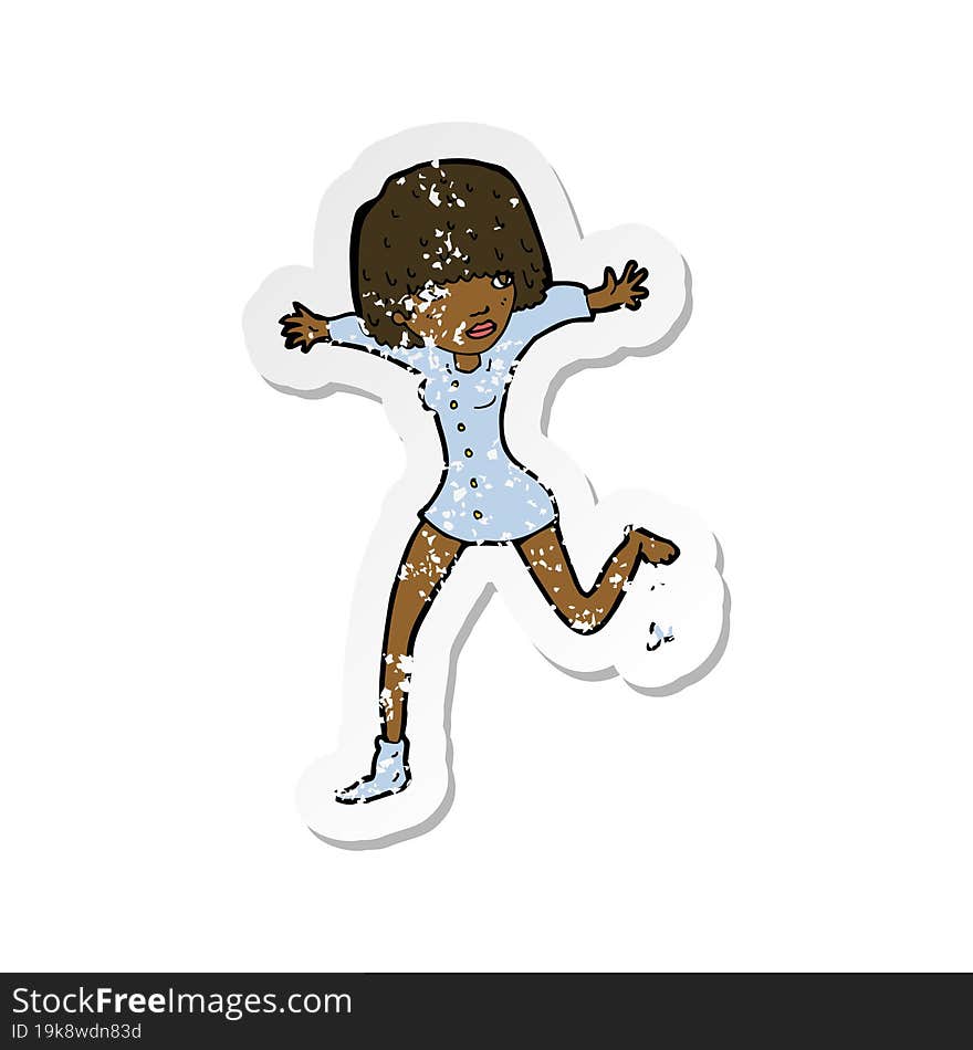 retro distressed sticker of a cartoon woman kicking off sock