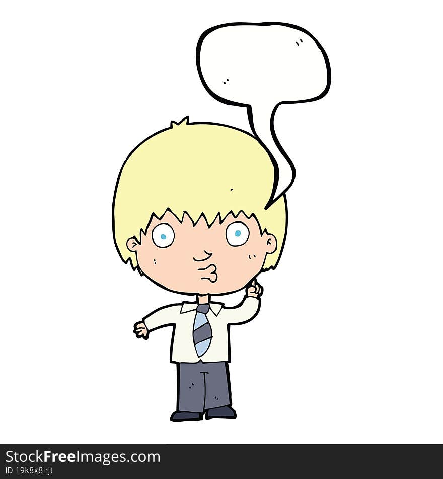 cartoon school boy answering question with speech bubble