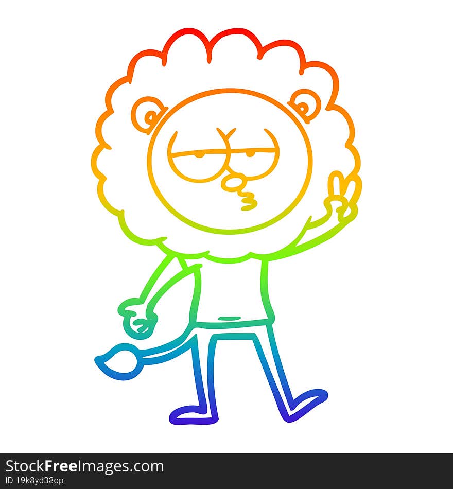 Rainbow Gradient Line Drawing Cartoon Bored Lion Waving