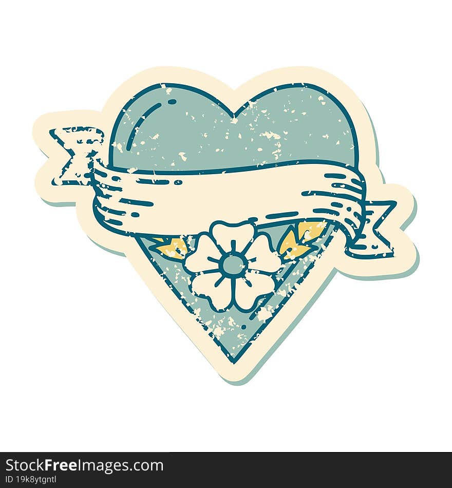 distressed sticker tattoo style icon of a heart flower and banner