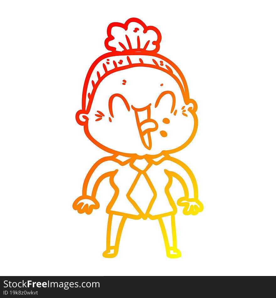 warm gradient line drawing of a cartoon happy old woman