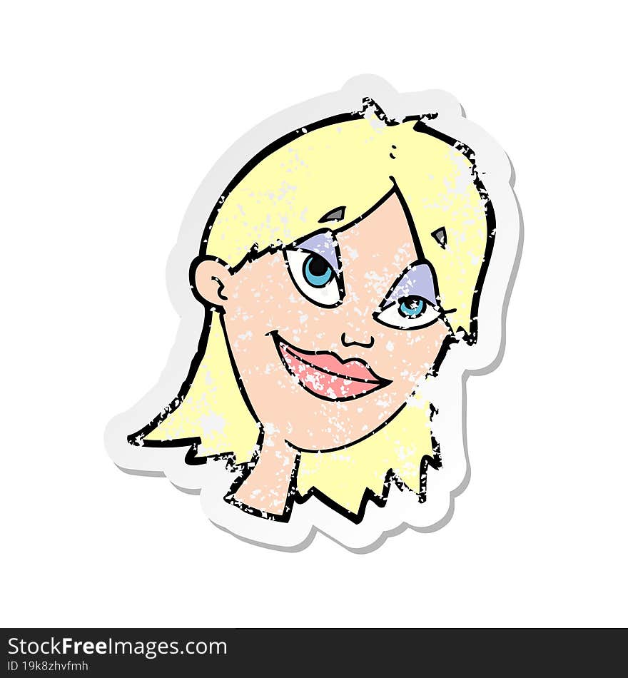 retro distressed sticker of a cartoon happy woman