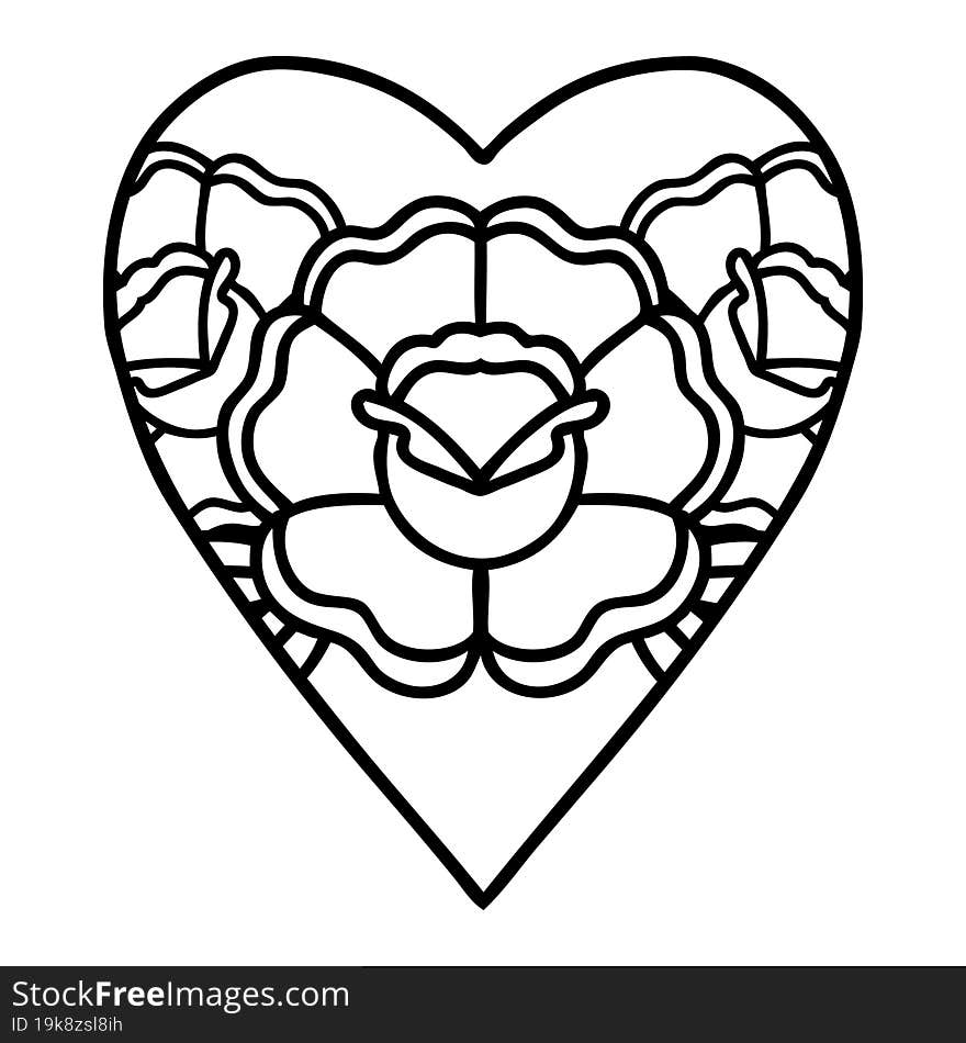 tattoo in black line style of a heart and flowers. tattoo in black line style of a heart and flowers