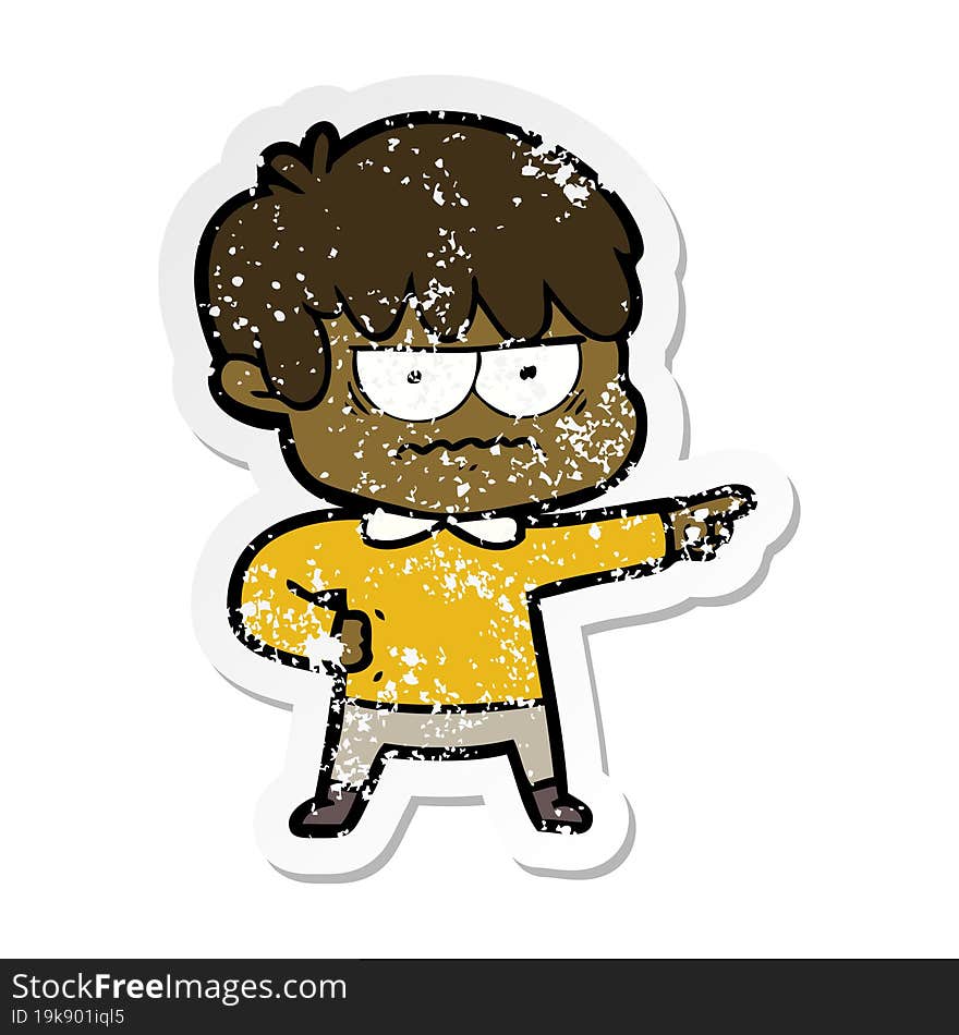 distressed sticker of a annoyed cartoon boy