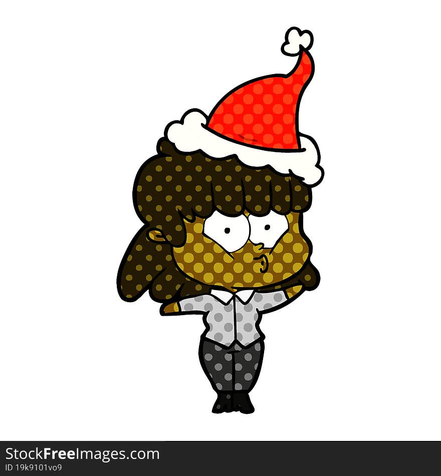 comic book style illustration of a whistling girl wearing santa hat