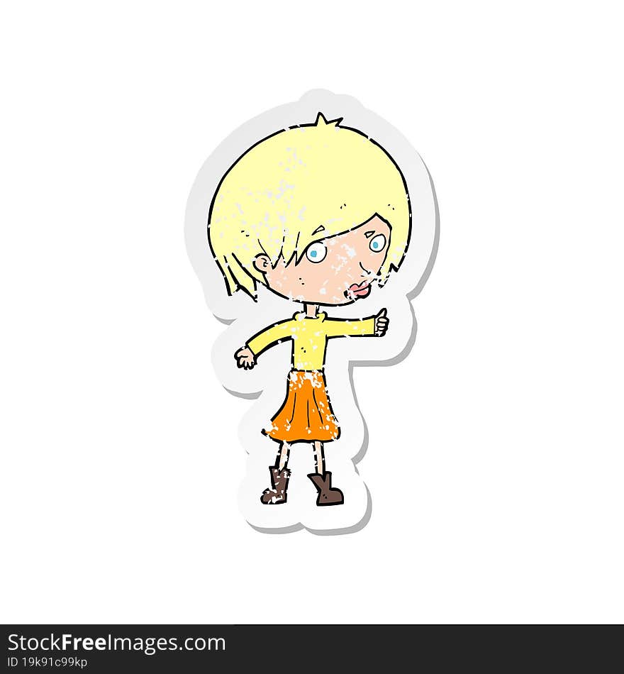 retro distressed sticker of a cartoon woman raising eyebrow