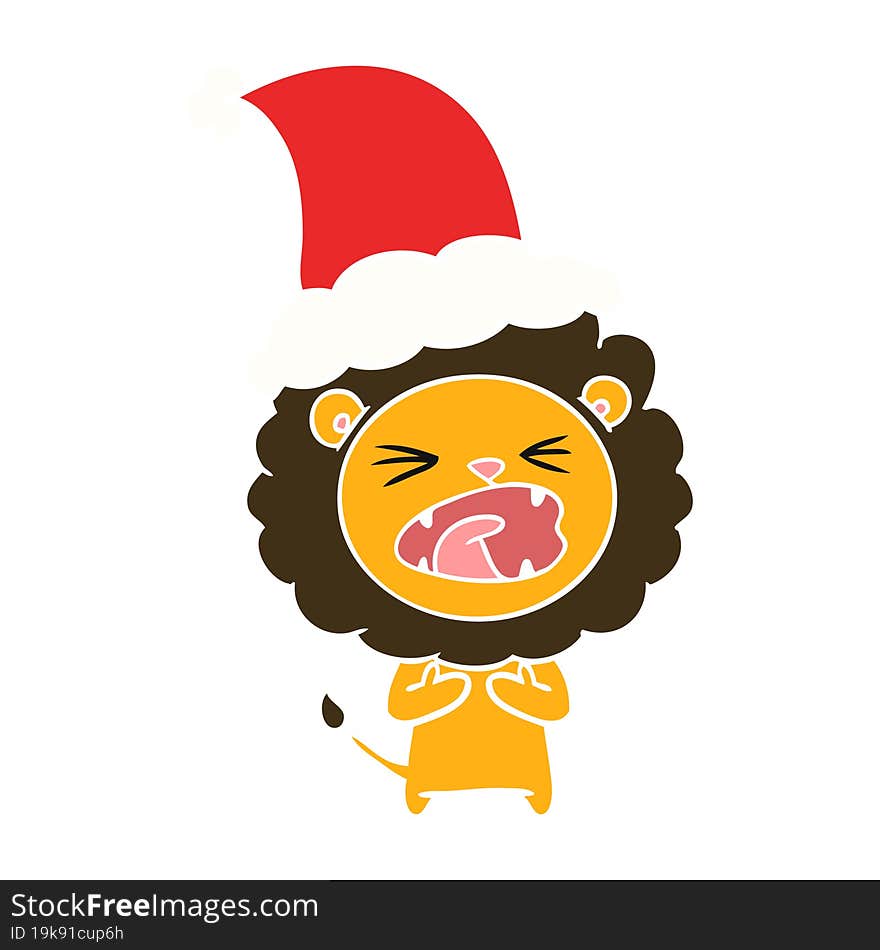 flat color illustration of a lion wearing santa hat