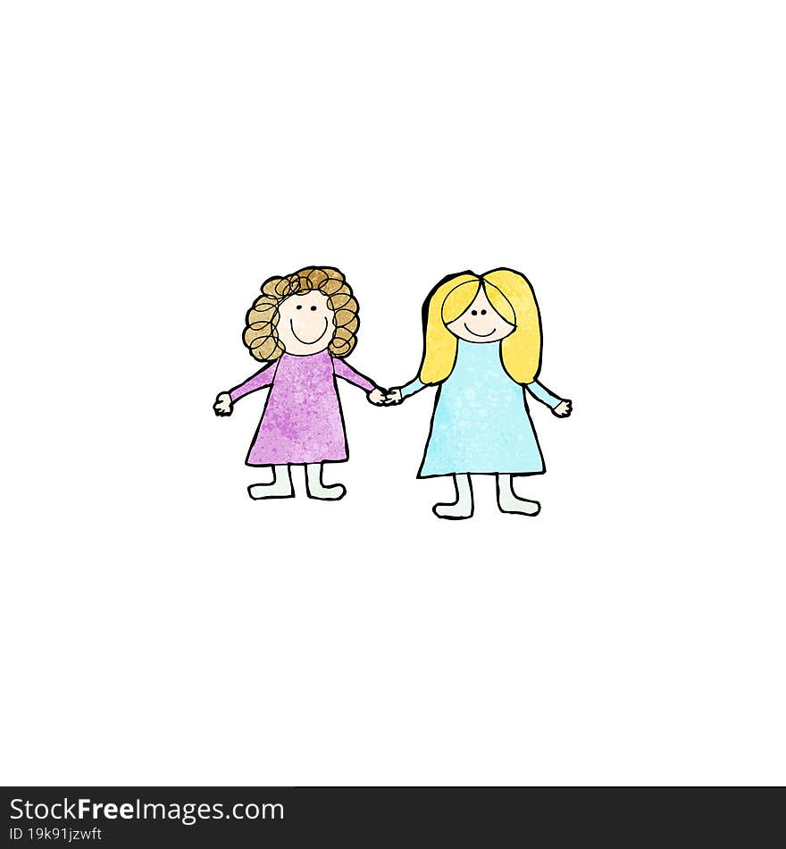 child\'s drawing fo two friends holding hands