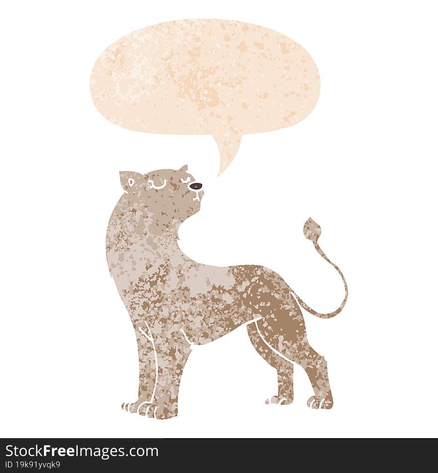 cartoon lioness and speech bubble in retro textured style