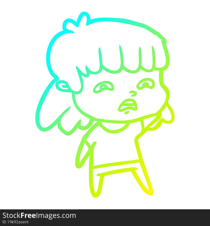 cold gradient line drawing cartoon worried woman