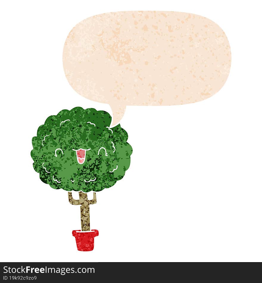 cartoon happy tree and speech bubble in retro textured style