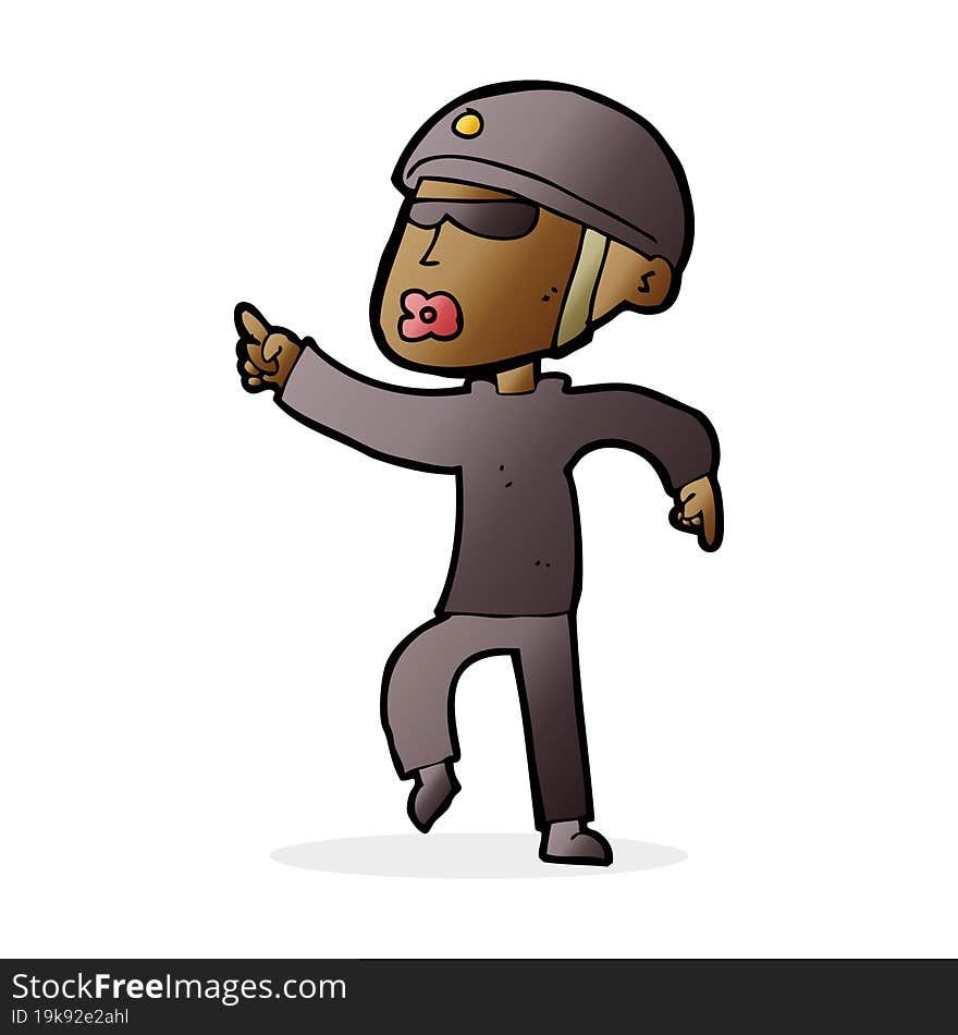 cartoon man in bike helmet pointing