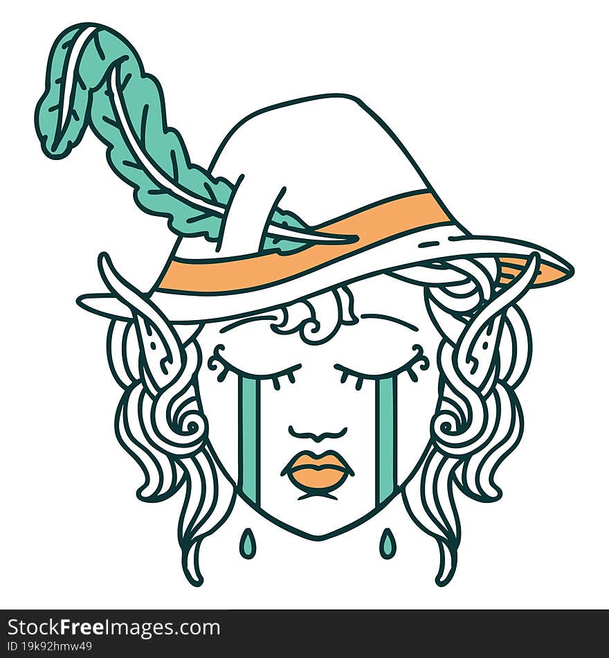 Retro Tattoo Style crying elf bard character face. Retro Tattoo Style crying elf bard character face