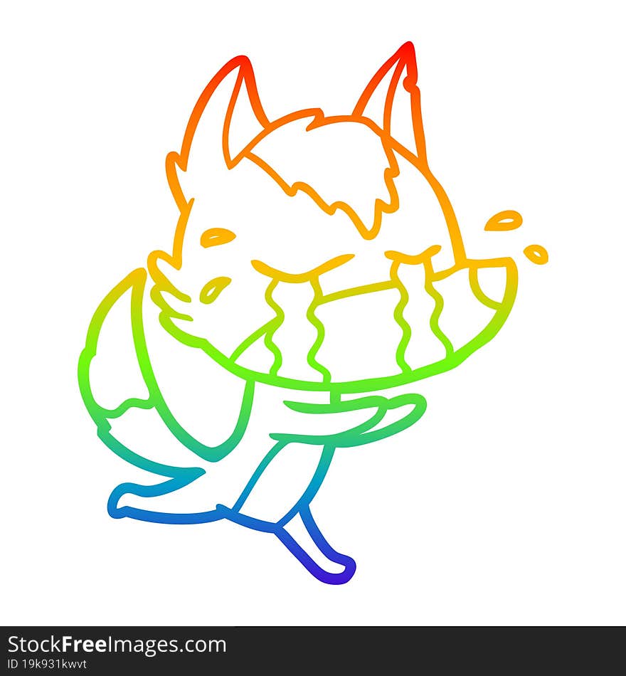 rainbow gradient line drawing of a cartoon crying wolf