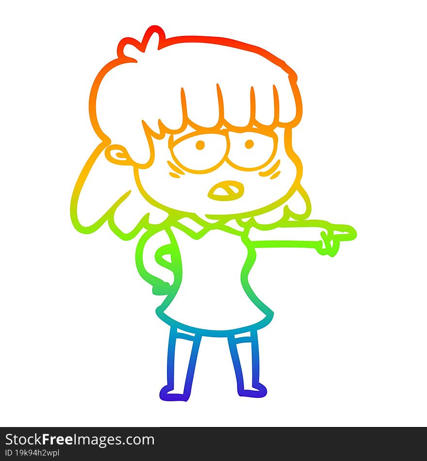 rainbow gradient line drawing cartoon tired woman pointing