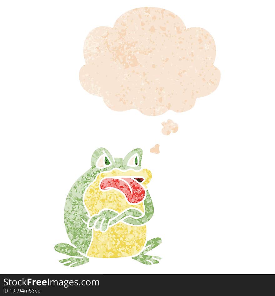 grumpy cartoon frog and thought bubble in retro textured style