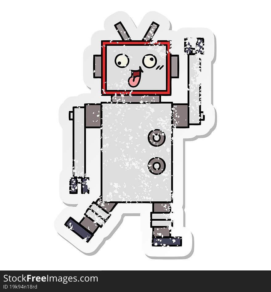 Distressed Sticker Of A Cute Cartoon Crazy Robot