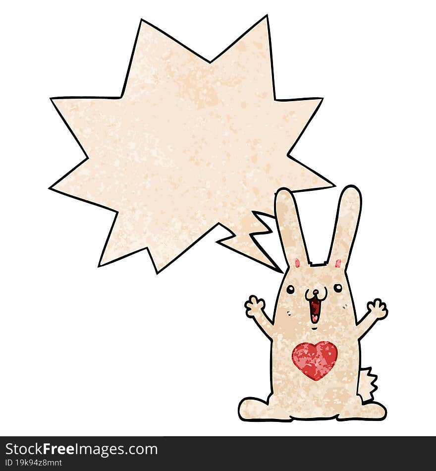 cartoon rabbit in love and speech bubble in retro texture style