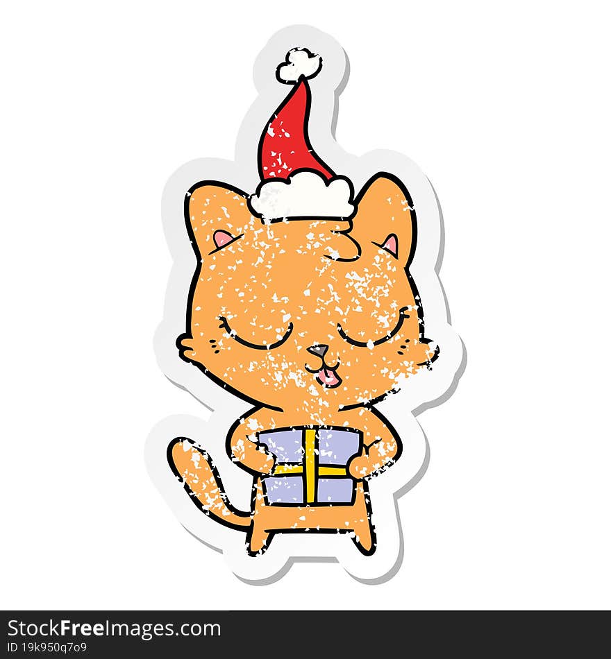 cute hand drawn distressed sticker cartoon of a cat wearing santa hat. cute hand drawn distressed sticker cartoon of a cat wearing santa hat