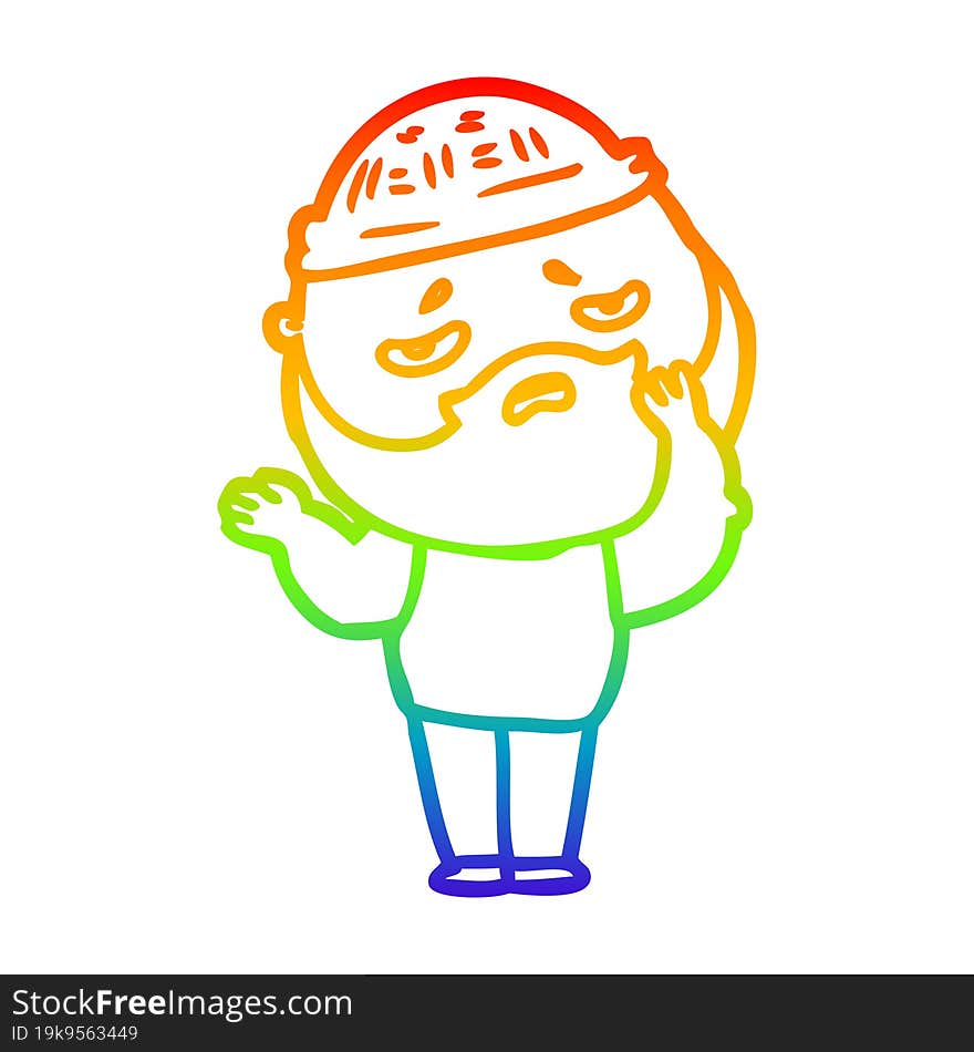 rainbow gradient line drawing of a cartoon worried man with beard