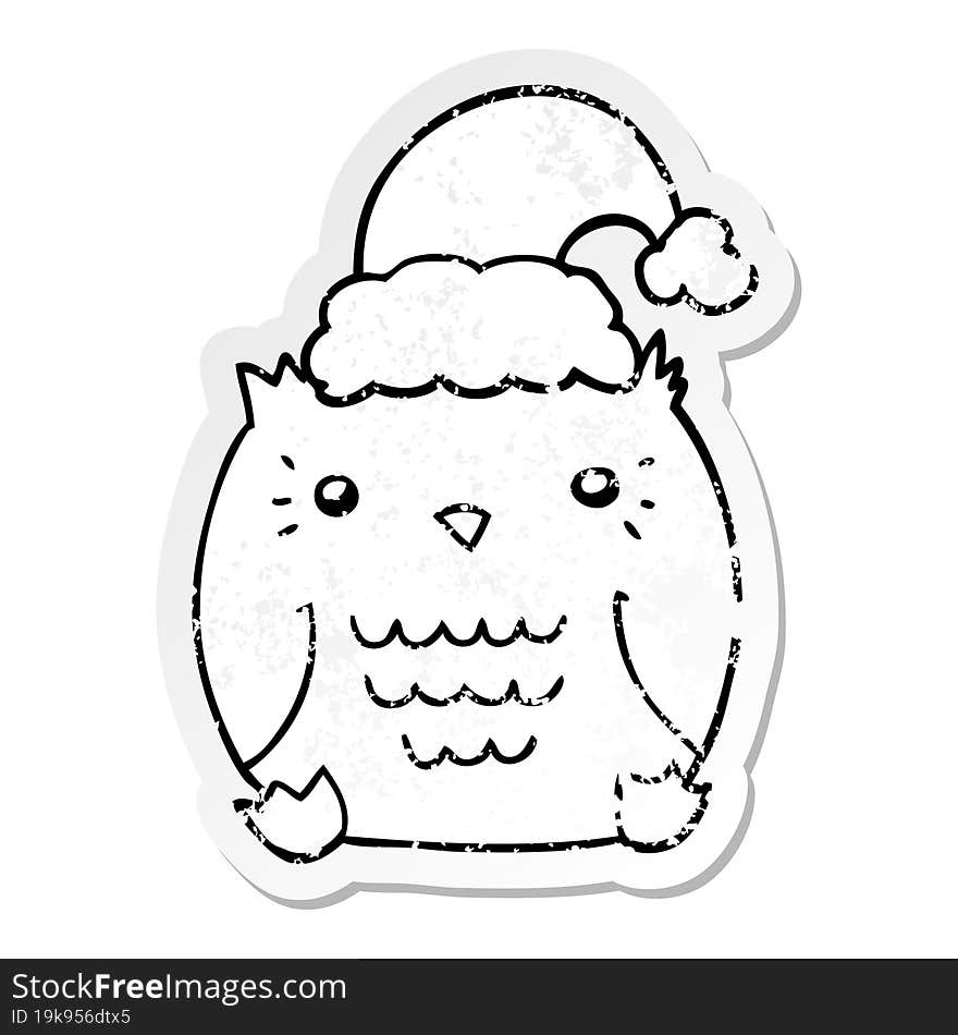 Distressed Sticker Of A Cute Cartoon Owl Wearing Christmas Hat