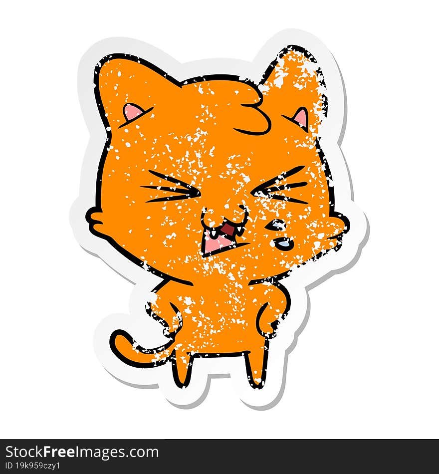 distressed sticker of a cartoon hissing cat