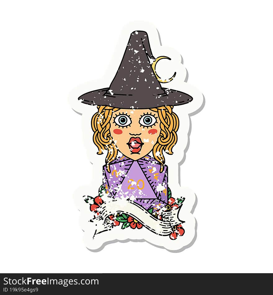 Human Mage With Natural 20 D20 Dice Roll Grunge Sticker