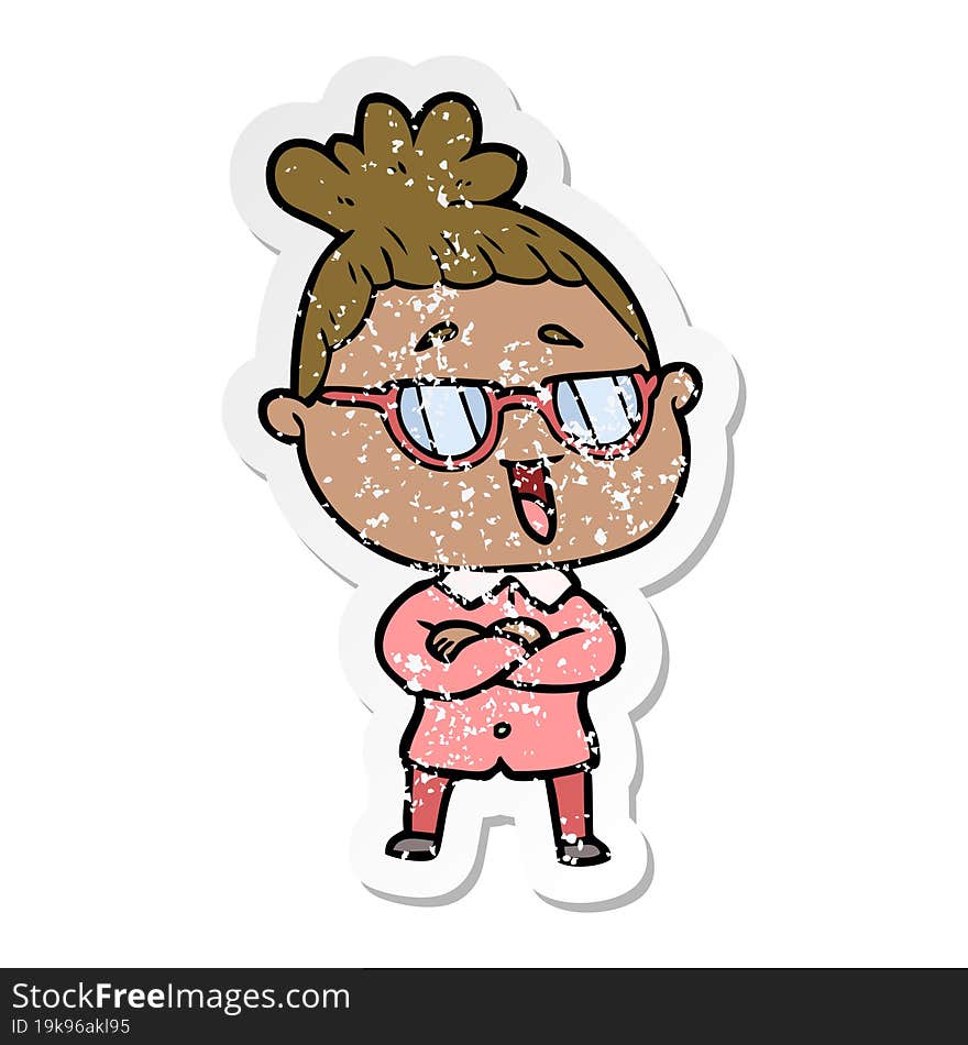 distressed sticker of a cartoon happy woman wearing spectacles