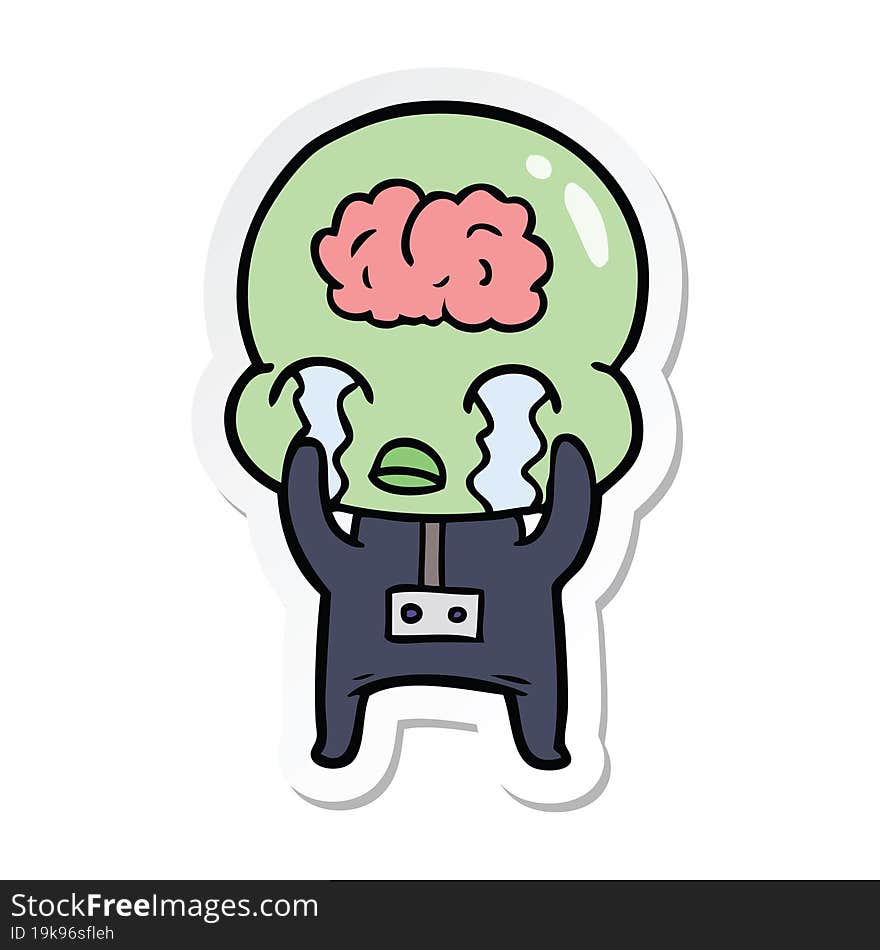 sticker of a cartoon big brain alien crying