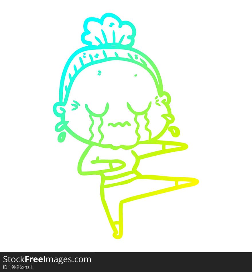 Cold Gradient Line Drawing Cartoon Old Dancer Woman Crying