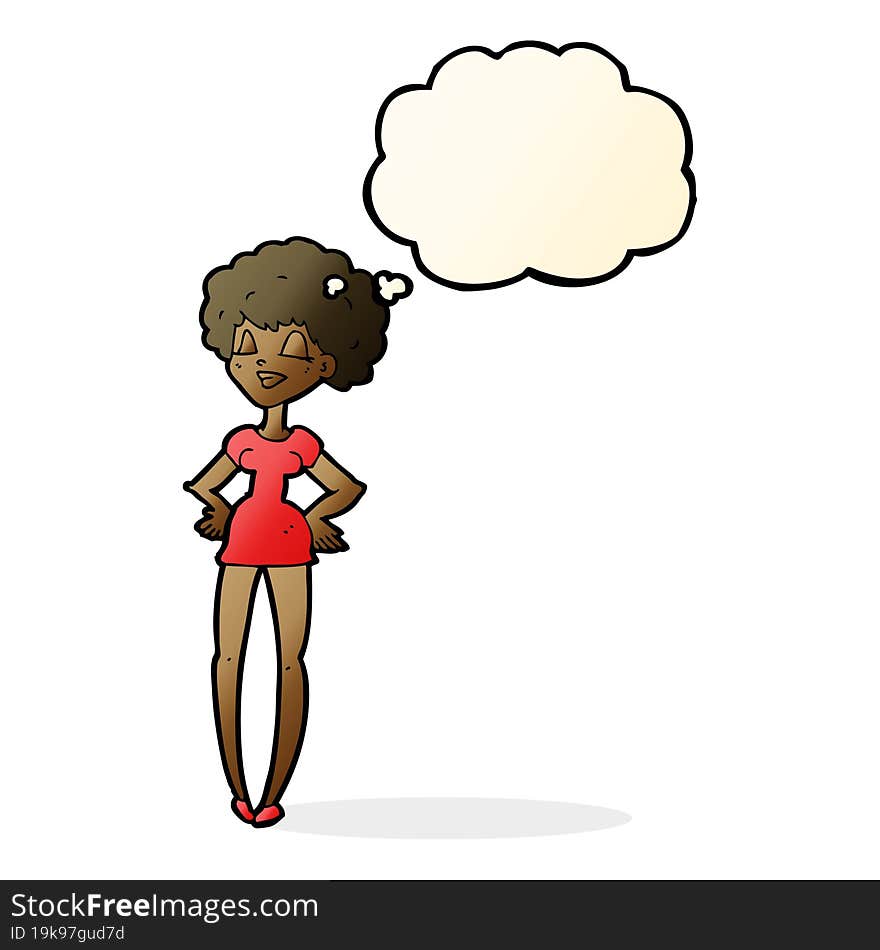 cartoon happy woman with hands on hips with thought bubble