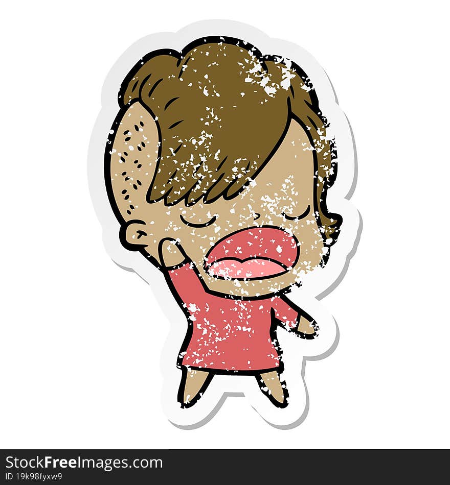 distressed sticker of a cartoon cool hipster girl talking