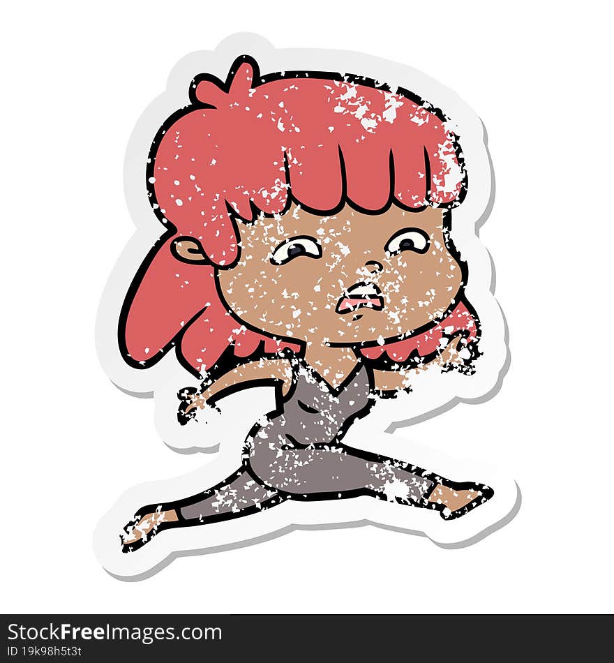 distressed sticker of a cartoon worried woman