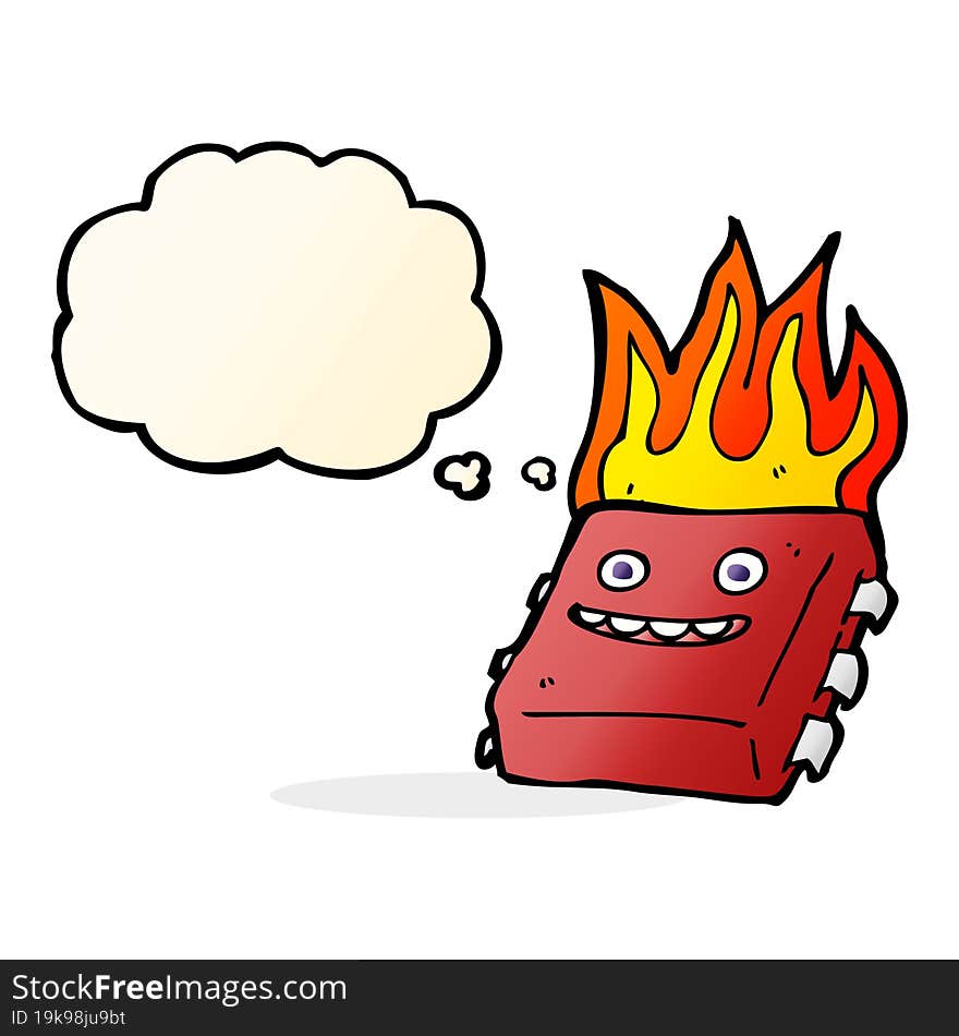 cartoon red hot computer chip with thought bubble