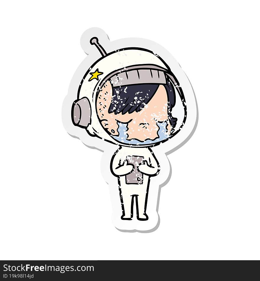 distressed sticker of a cartoon crying astronaut girl