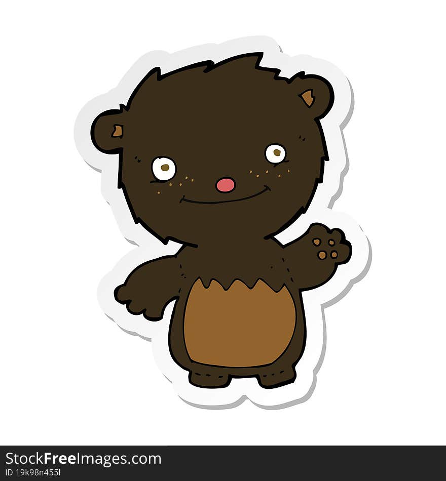 sticker of a cartoon waving black bear cub