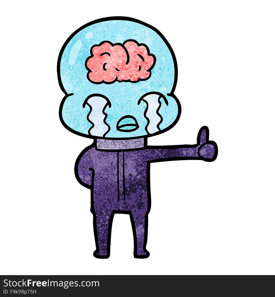 cartoon big brain alien crying but giving thumbs up symbol. cartoon big brain alien crying but giving thumbs up symbol