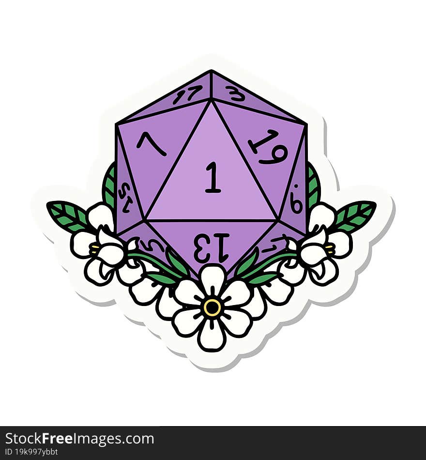 sticker of a natural one dice roll with floral elements. sticker of a natural one dice roll with floral elements