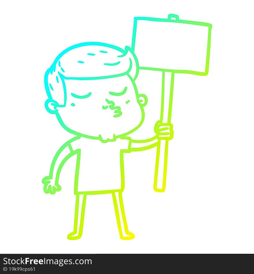 cold gradient line drawing cartoon model guy pouting with sign