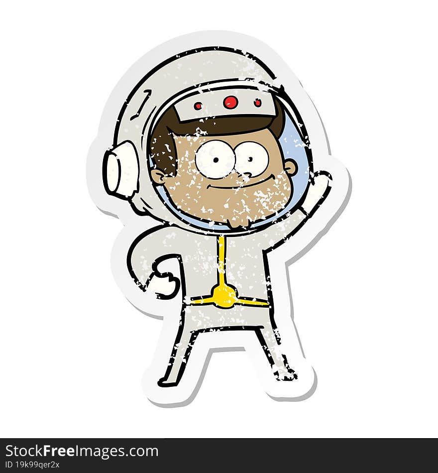 distressed sticker of a happy astronaut cartoon